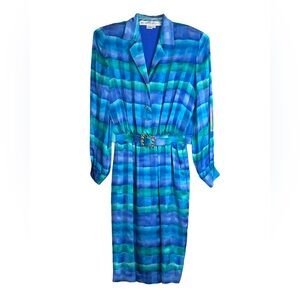 Anne Crimmins for UMI Collections 100% Silk Dress Size 8 Blue Green Vintage 70s